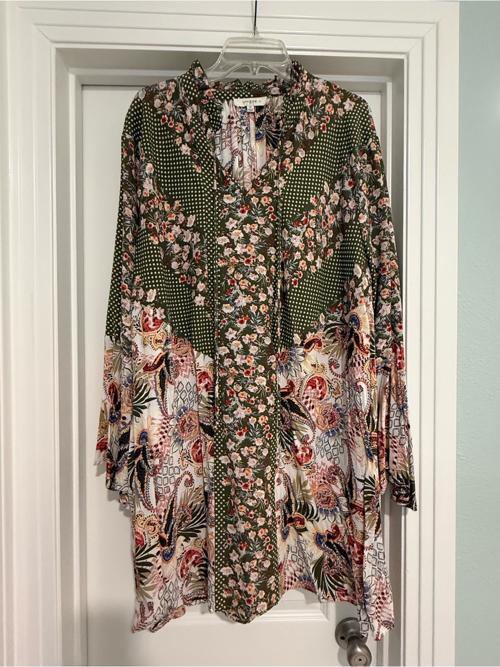 Umgee Olive Green and Cream Floral Patchwork Tunic Dress